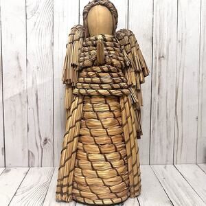 Vintage Farmhouse Folk Art Rattan Wicker Raffia Praying Angel Large 15” Tall